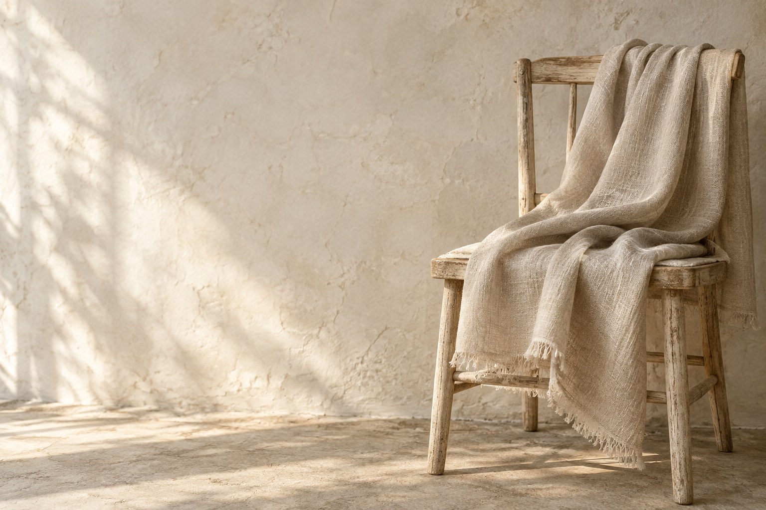 Natural flax beige linen scarf draped on a wooden chair in natural light